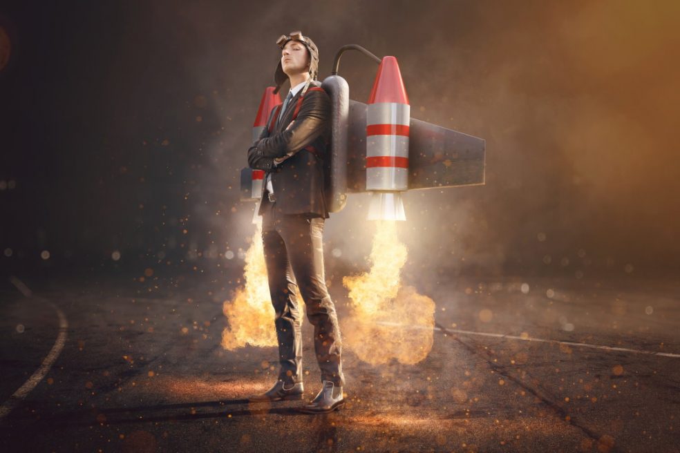 man with jetpack attached