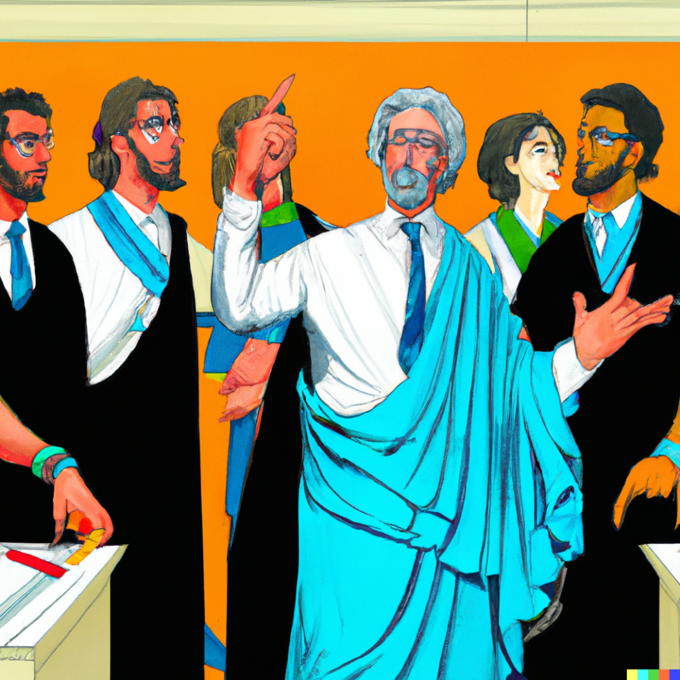 a pop art painting of a greek stoic philospher in a toga teaching modern office workers in suits