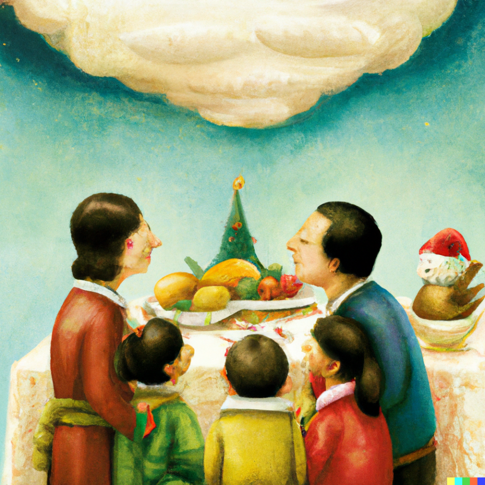 painting of family during holiday season with a cloud above them